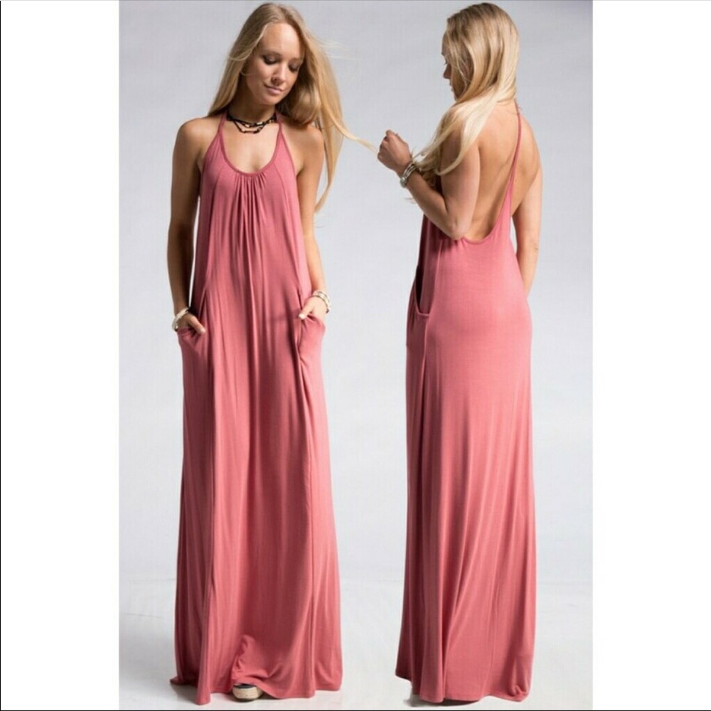 T-Strap Back Maxi Dress Womens Flowy Boho Summer Beach Resort Casual - Picture 2 of 6